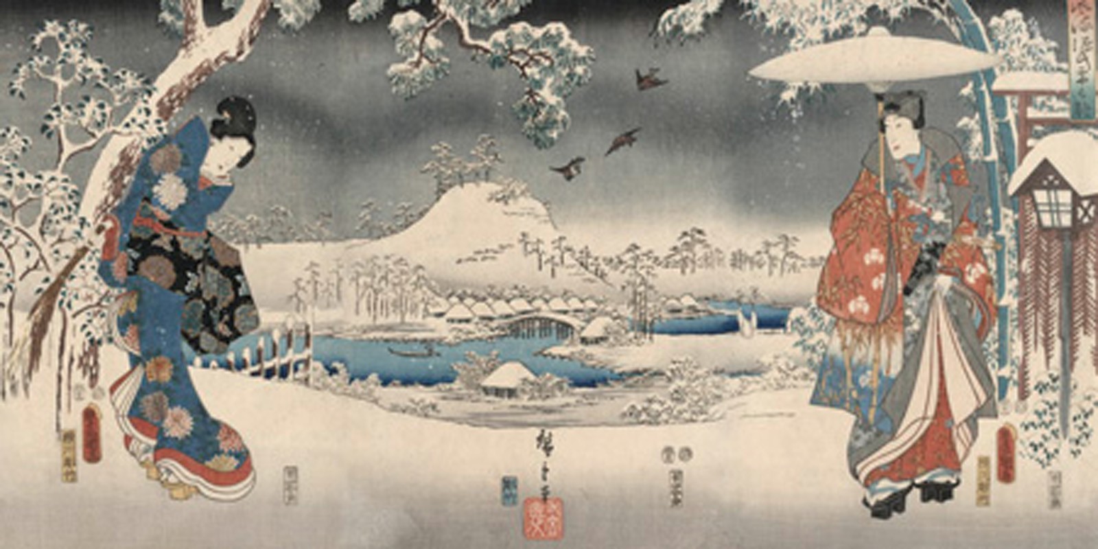 Ando Hiroshige - Snowy landscape with a woman and a man, 1853