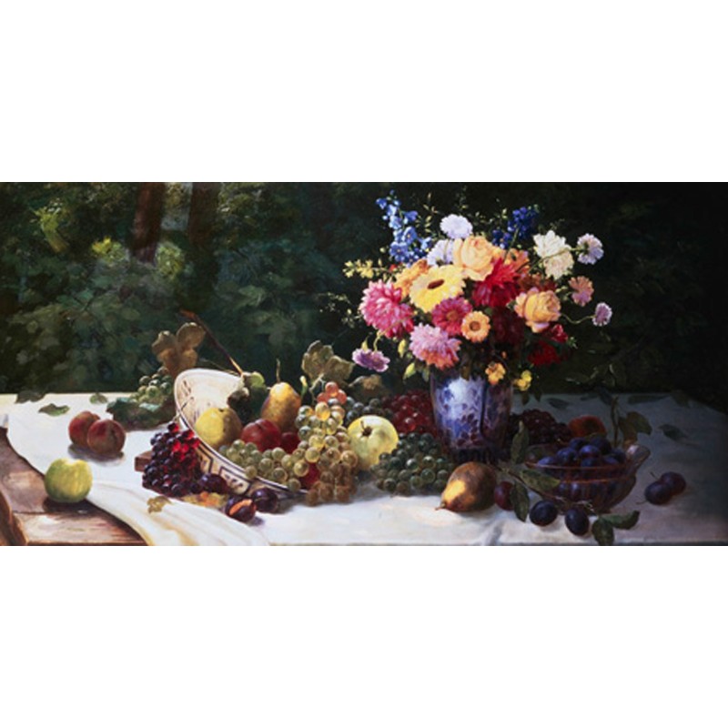 Adam Burghardt - Vase of Flowers and Fruit on a Draped Table