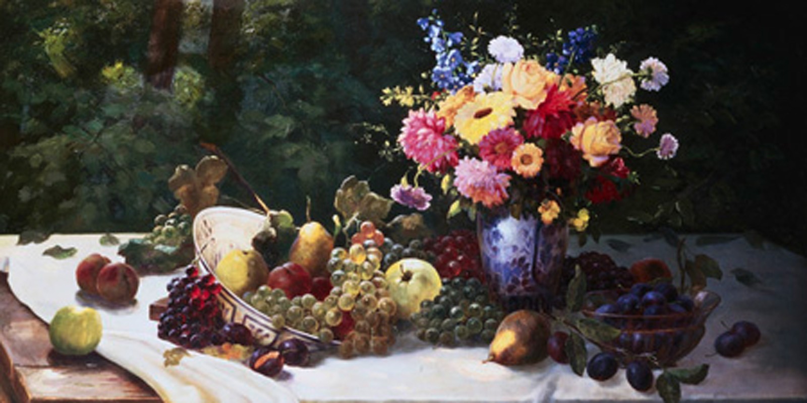 Adam Burghardt - Vase of Flowers and Fruit on a Draped Table