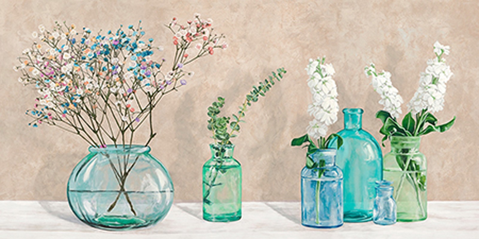 Jenny Thomlinson - Floral setting with glass vases