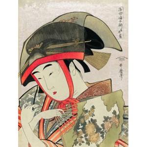 Utamaro Kitagawa - Woman holding a fan wearing a traditional transparent hat