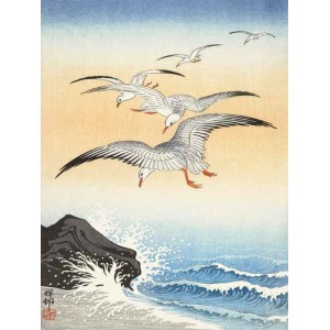 Ohara Koson - Five seagulls above turbulent sea