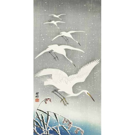 Ohara Koson - Descending Egrets in Snow