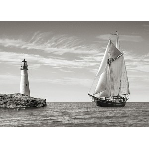 Pangea Images -  Sailboat approaching Lighthouse, Mediterranean Sea