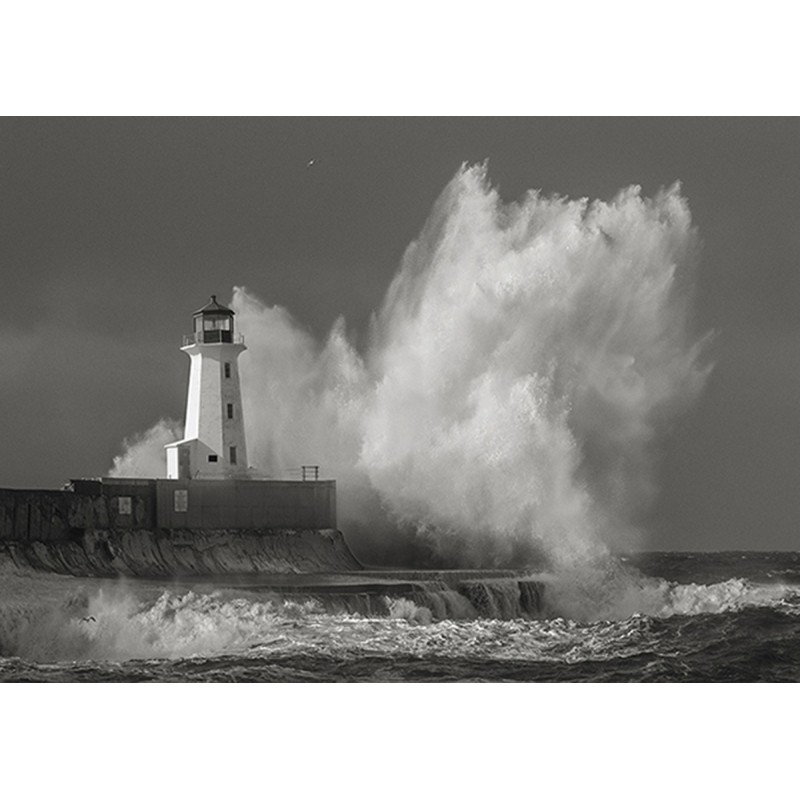 Pangea Images -  Lighthouse in raging Sea (B&W)