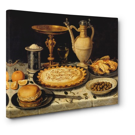 Clara Peeters - Still life with a tart, roast chicken, bread, rice and olives
